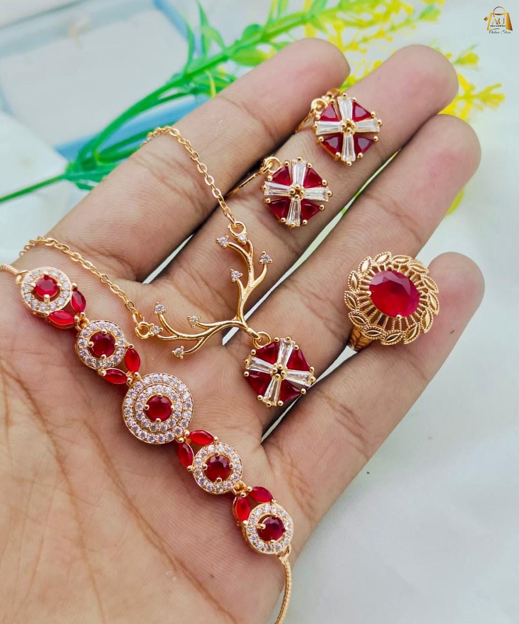 High Quality Zircon Combo Set  Available in red colour locket with bracelet & ring