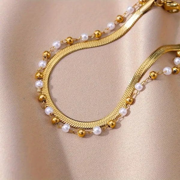 Double Layer Snake Chain Pearl Anklet