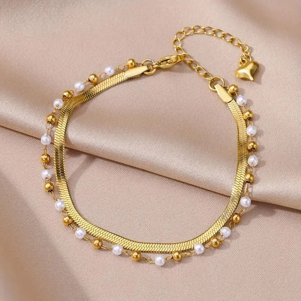 Double Layer Snake Chain Pearl Anklet